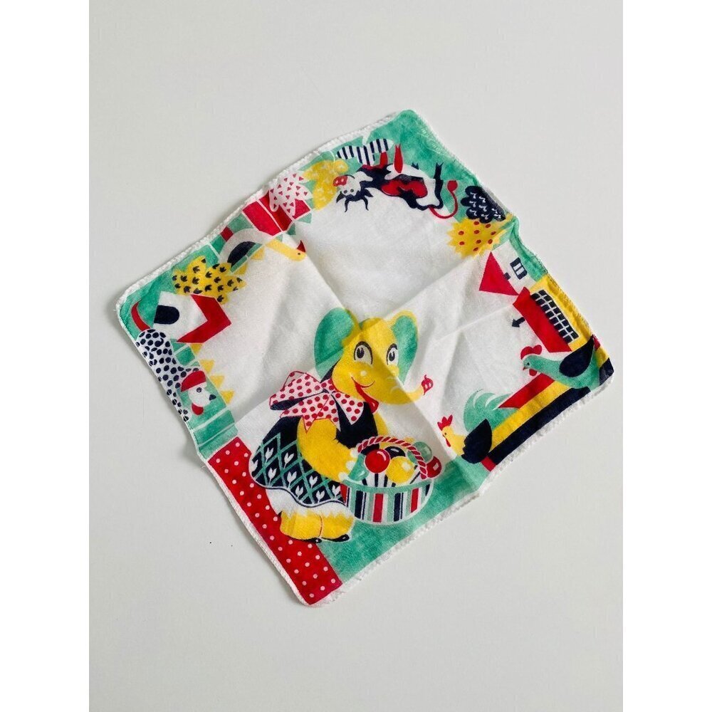 Vintage Tom Lamb Child's Handkerchief with Elephant, Cow, Dog, Chickens, 1940s